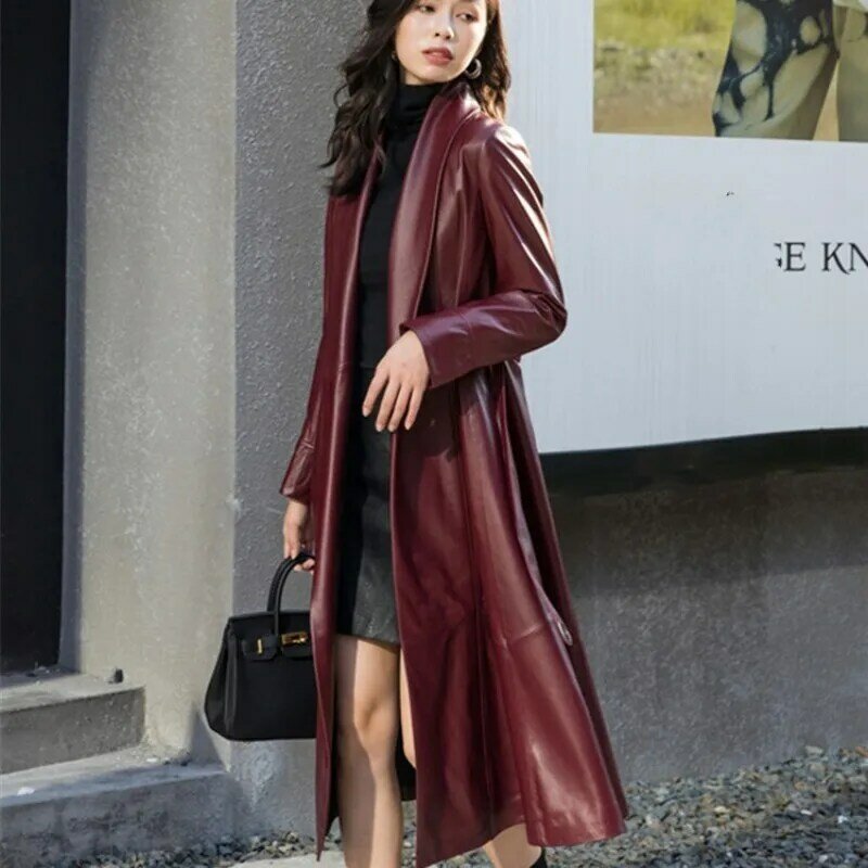 Leather jacket 2023,Elegant Women Long Sheepskin Genuine Leather Jacket Belted Slim Fit Trench Coat Ladies Vintage Windbreaker R