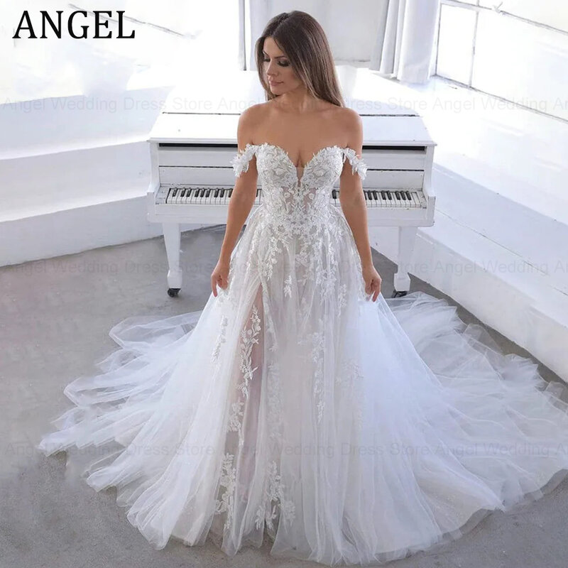 ANGEL gaun pernikahan klasik kerah V rendah dari bahu renda applique gaun pengantin gaun Tulle menyapu kereta A-Line свадебное платье