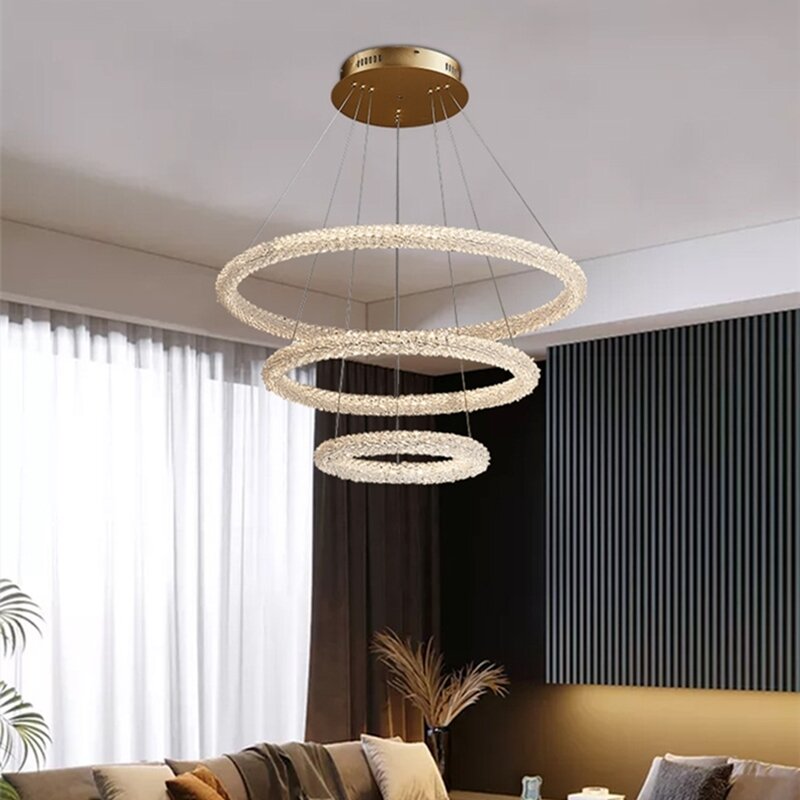 Nordic K9 kryształowy okrągły żyrandol do salonu studium sypialnia Hotel Lobby wielokrotny pierścień aluminiowy korpus lampy wisiorek LED Light