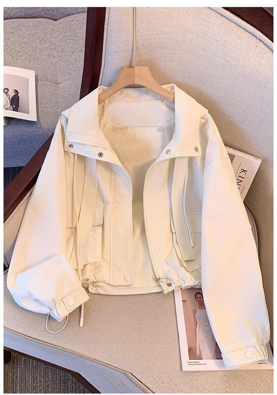 Jaket bertudung pendek Korea wanita, mantel Atasan ritsleting jaket kerja tipis kasual longgar Super cantik Musim Semi dan Gugur 2024