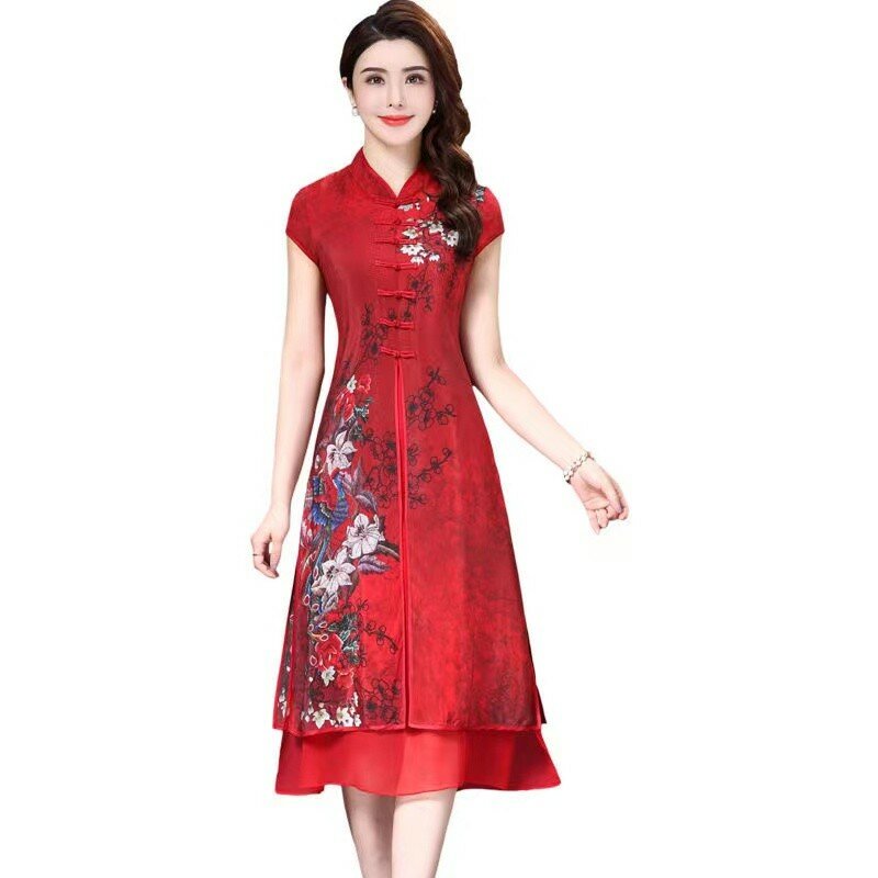 Vestidos de fiesta de boda chinos Vintage para mujer, vestido Retro Floral con cuello mandarín, con clase, cintura acampanada, novedad de 2022