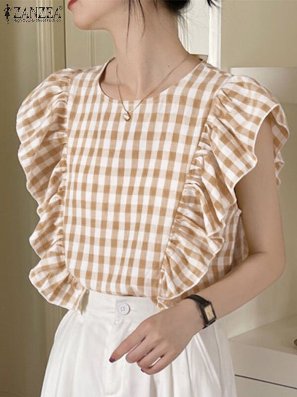 Letnie damskie bluzki ZANZEA casualowe bluzki w kratę z falbanami, przeszyte bez rękawów w kratę z okrągłym dekoltem eleganckie koreańskie modne koszule