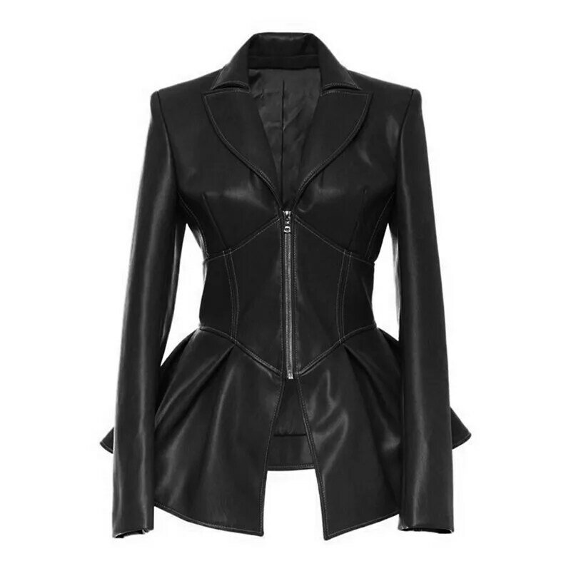 Chaqueta de cuero suave de imitación para mujer, abrigo informal con cuello vuelto, a media pierna, de Pu, estilo Punk, color negro, ideal para otoño, R499