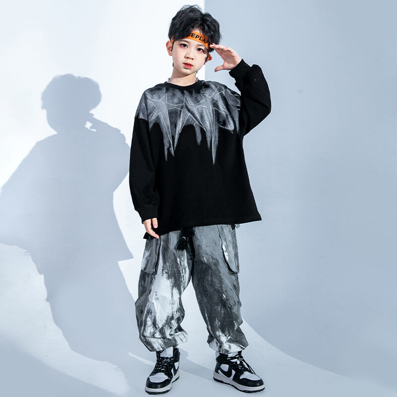 Hiphop Jongens Contrast Sweatshirt Stropdas Geverfde Cargobroek Meisjes Streetdance Ster Kleding Voor Kinderen Streetwear Kinderen Jazz Kostuums