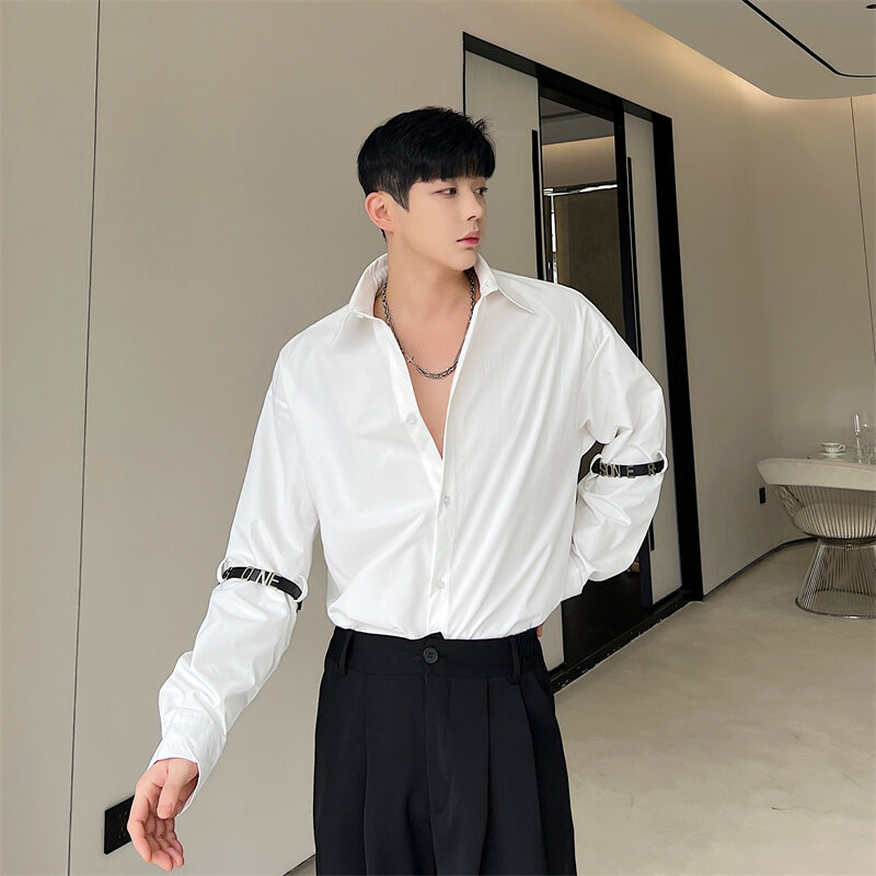 High-End Fashion Black Tie White Long Sleeve Shirt Youth Popularity Trendy Men All-Matching Casual Single-Breasted Shirts