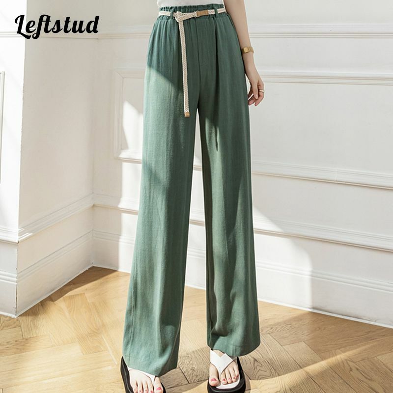 Pantalon en coton et lin pour femmes, avec ceinture élastique, taille haute, jambes larges, droit, mode coréenne, 2022