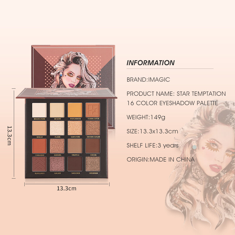 IMAGIC-paleta de sombras de ojos de 16 colores, resaltador mate, polvo pigmentado de larga duración, Maquillaje Mineral profesional