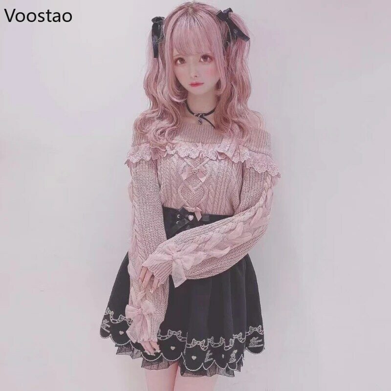 Estilo Lolita doce Vintage feminino de malha pulôver, laço de ombro feminino, babados arco camisola, malhas Harajuku, tops de outono