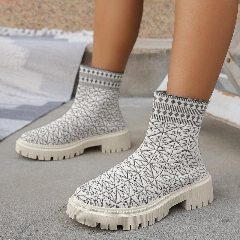 2024Autumn Winter Women's Ankle Boots Fashion Round Toe Chunky Heel Chelsea Boots for Women Plus Size Platform Shoes Sock Boots