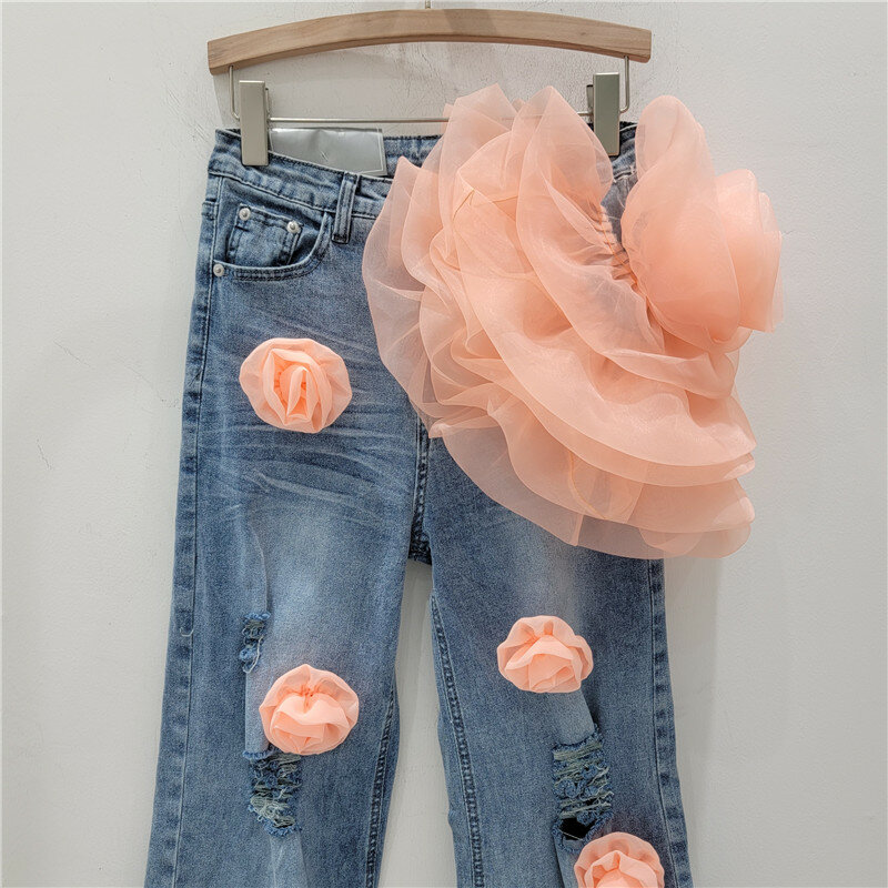3D 꽃 장식 하이웨이스트 청바지, 하이웨이스트 스트레이트 와이드 레그 팬츠, 패션 유럽 상품, 2024 용수철 신상