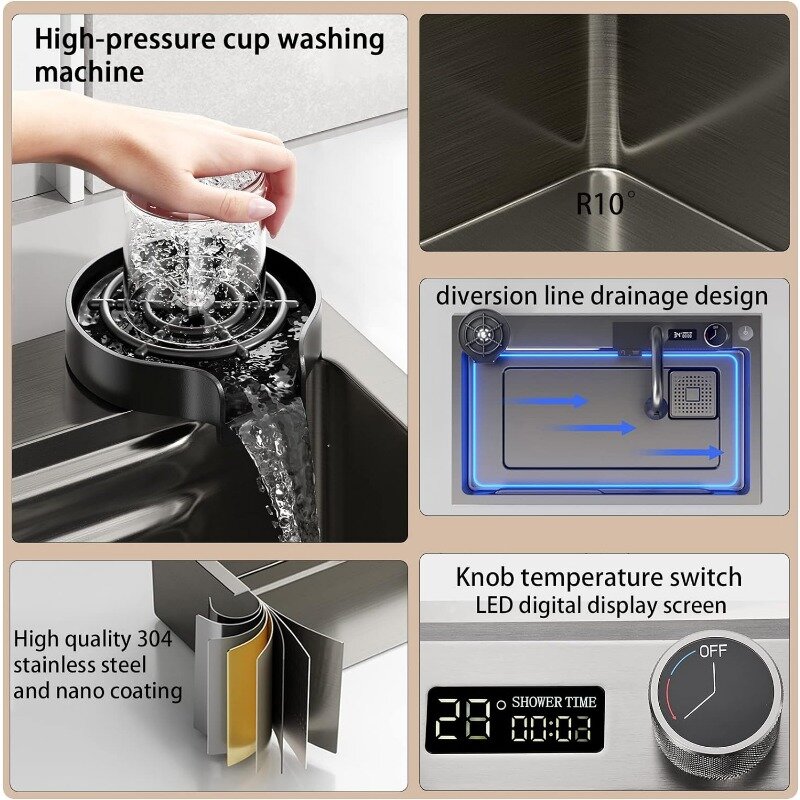 Black-Grey Nano Kitchen Sink 304 Stainless Steel Waterfall Sink Single Bowl Workstation Kitchen Sink With Multifunctional