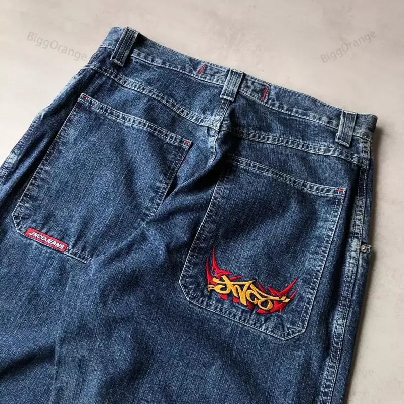 Прямые свободные джинсы для мужчин, уличная мода в стиле хип-хоп, рок с вышивкой, широкие брюки с завышенной талией в стиле ретро, Харадзюку