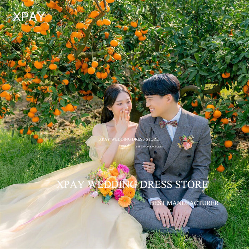 Xpay Vierkante Hals Een Lijn Lange Prom Jurken Korea Lady Korte Mouwen Prinses Avondjurken Bruid Fotoshoot Formele Feestjurk