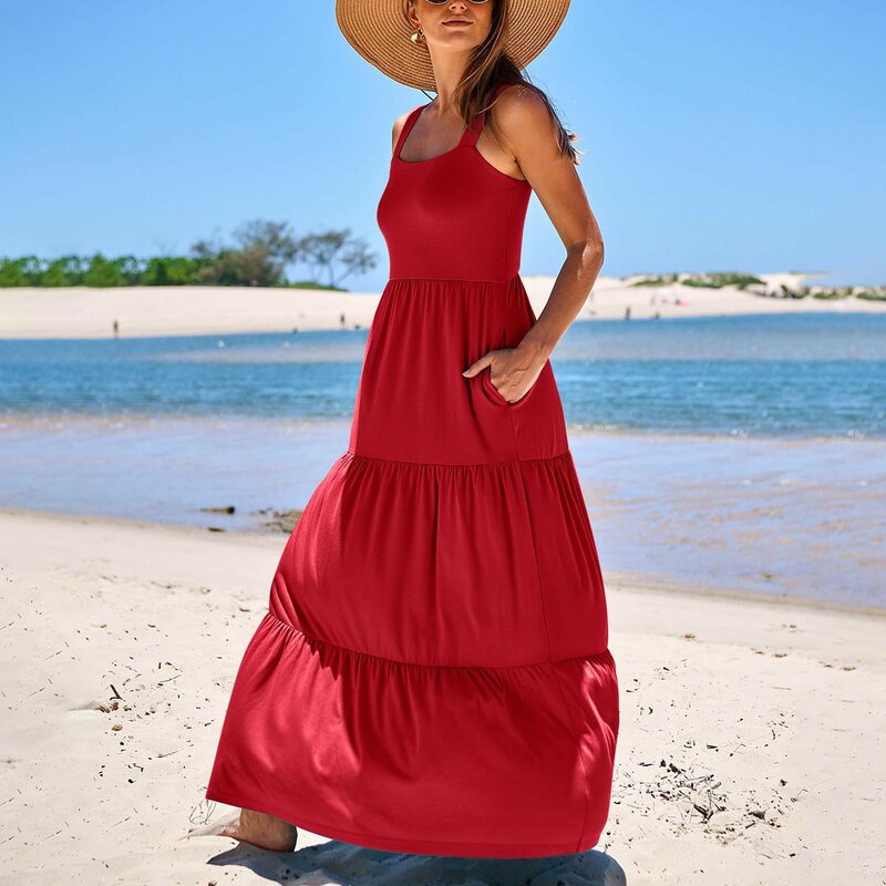 Vestido Regata Maxi feminino com bolsos, vestidos longos casuais, vestidos de praia, sem mangas, gola quadrada, vestido solar em camadas, verão