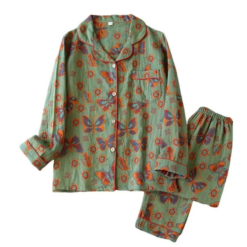 Vintage Butterfly Printed Cotton 2PCS Print Pajamas Suit Womens 2023 Spring Autumn Nightwear Turn Down Collar Sleepwear Set