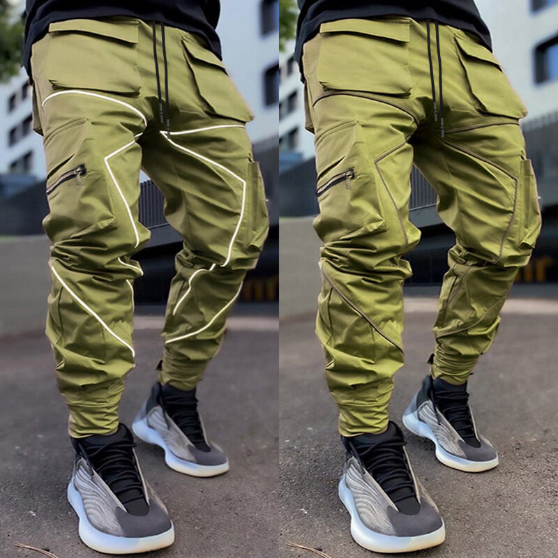 Y2K Mens Casual Black Cargo Pants Gym Loose Plus Size Striped Multi Pocket Sports Fitness Hip Hop Jogger Trousers Techwear Men