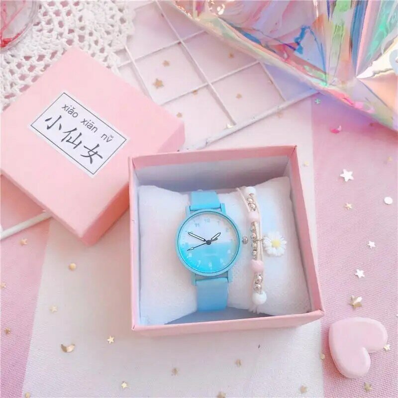 Reloj deportivo de cuero azul para niña, pulsera de cuarzo resistente al agua con diseño de flor de cerezo rosa, novedad