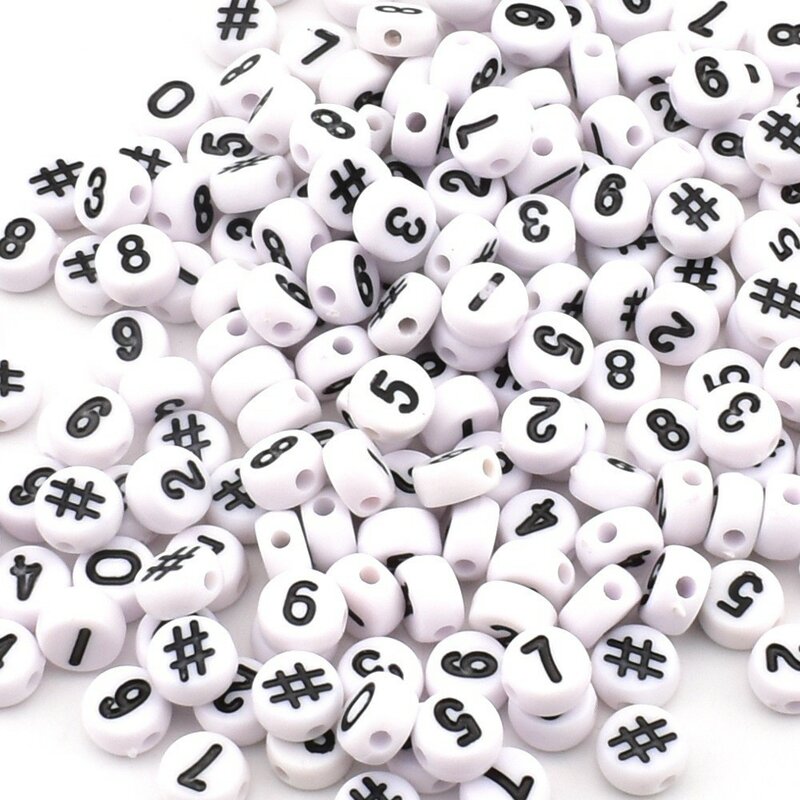 50 buah/Lot 7*4*1mm DIY manik-manik akrilik manik-manik buatan tangan bulat putih latar belakang angka hitam dan # manik-manik simbol untuk pembuatan perhiasan