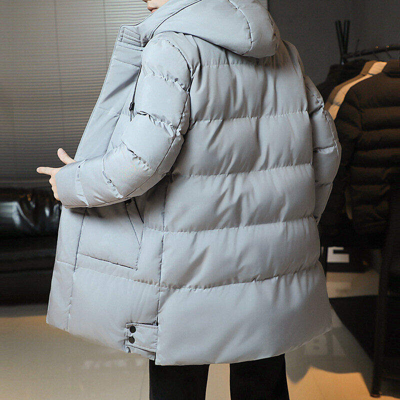 Зимняя мужская куртка размера плюс 7XL, утепленная Теплая стеганая куртка средней длины с капюшоном, однотонная Повседневная куртка-пуховик, пальто