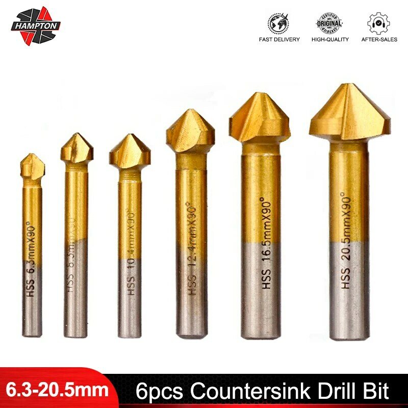 6pcs 6.3-20.5mm Countersink Drill Bit 3 Flute HSS Titanium Coated Chamfering Cutter Countersink Drill Bit Wood Metal Hole Cutter