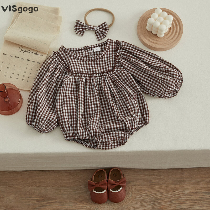 VISgogo-Pelele de manga larga para niña, traje con estampado a cuadros, cuello redondo y costuras, con lazo y diadema
