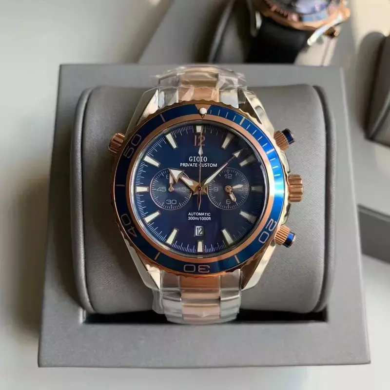 Luksusowy nowy męski zegarek kwarcowy z chronografem ze stali nierdzewnej w kolorze czarnym, niebieskim, różowym złotem i datownikiem