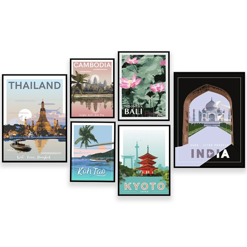 와트 아룬, 코타오, 태국, 앙코르 와트 캄보디아 사원 시엠립, 일본, 바간, 말레이시아, 타지마할, 발리 빈티지 여행 포스터