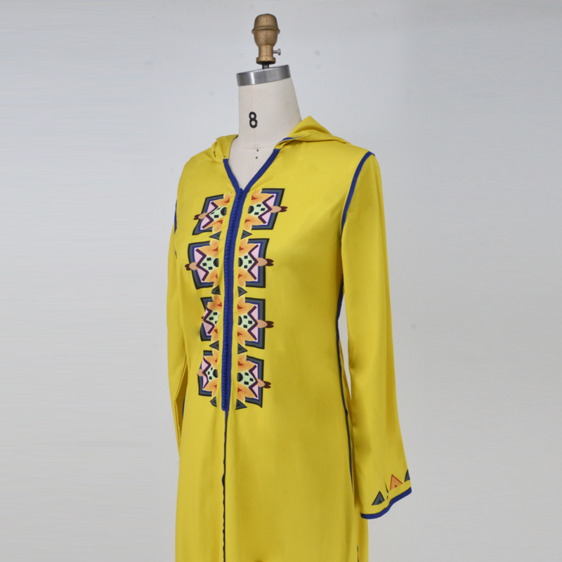 Moroccan Jalabya Women Ramadan Islamic V-neck Jellaba Women Robe Long Sleeves Yellow Loose Abaya Dress Arabic Dubai Clothing