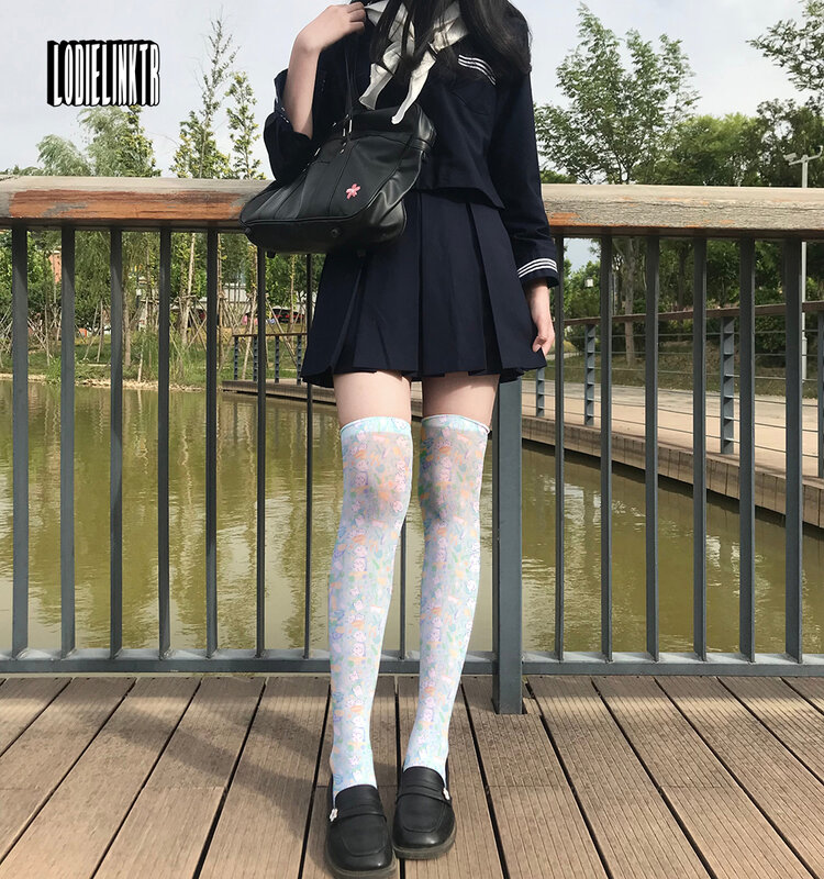 Cute Cartoon Girl calze bidimensionali Sexy coscia sopra il ginocchio calze Cosplay velluto stampato calze dolci