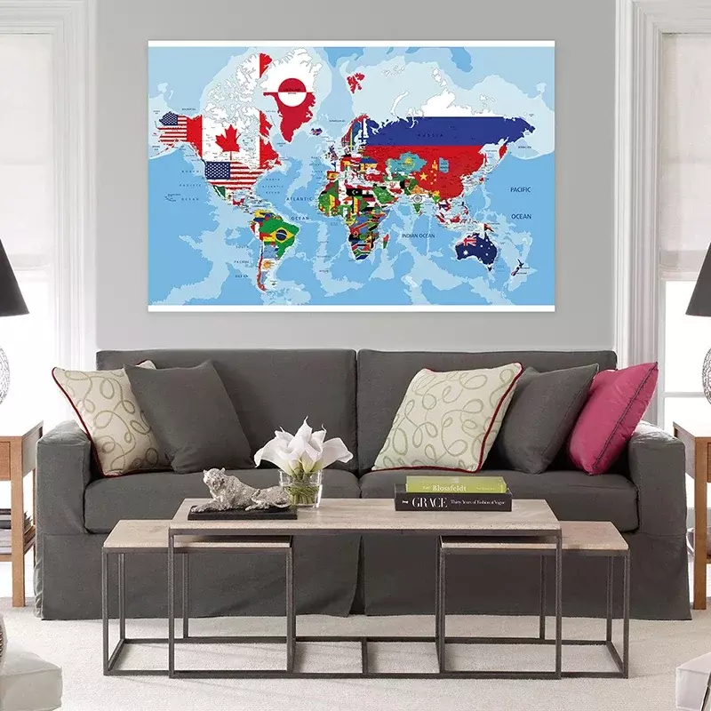 Mapa físico del mundo no tejido con banderas de país, placa para oficina, escuela, decoración de pared, póster de decoración del hogar, 150x100cm