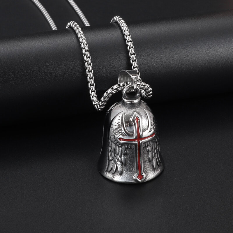 Retro Punk Style Men's Cross Lucky Bell Angel Wing Knight Bell Keychain Motorcycle Riding Guardian Bell Accessories