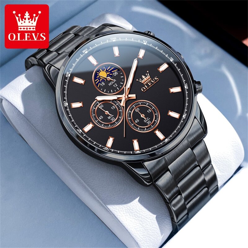 OLEVS Brand New Fashion Stainless Steel Chronograph Quartz Watch for Men Waterproof Calendar Moon Phases Luxury Mens Wristwatch