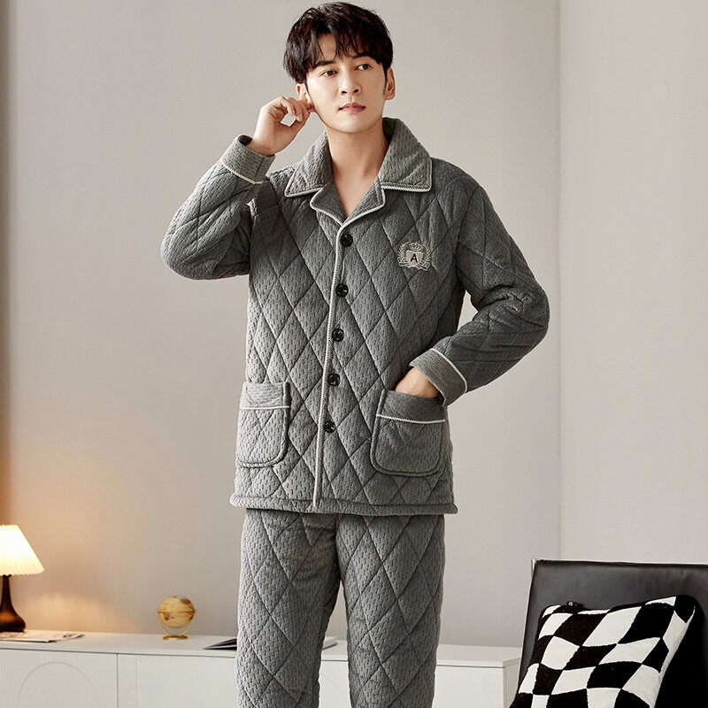 Coral velvet quilted pyjamas men three layers thick warm winter quilted jacket men's pajamas letter pijamas de hombre inverno