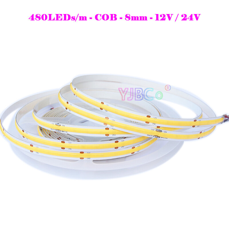 Strip LED COB 12V 24V 5m/lot 480LED/m putih/putih hangat/putih alami/biru/merah/hijau pita cahaya fleksibel warna tunggal 8mm PCB