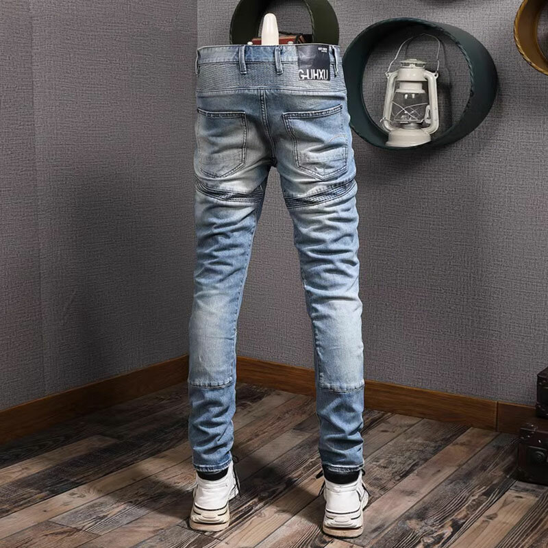 Moda Streetwear uomo Jeans Retro Blue Stretch Slim Fit impiombato Biker Jeans Homme Patched Designer Hip Hop Denim pantaloni uomo