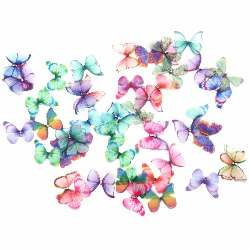 Tecido de organza com gradiente de cor 50 peças, apliques de borboleta 38mm, translúcido, borboleta de chiffon para decoração de festa, enfeite de boneca