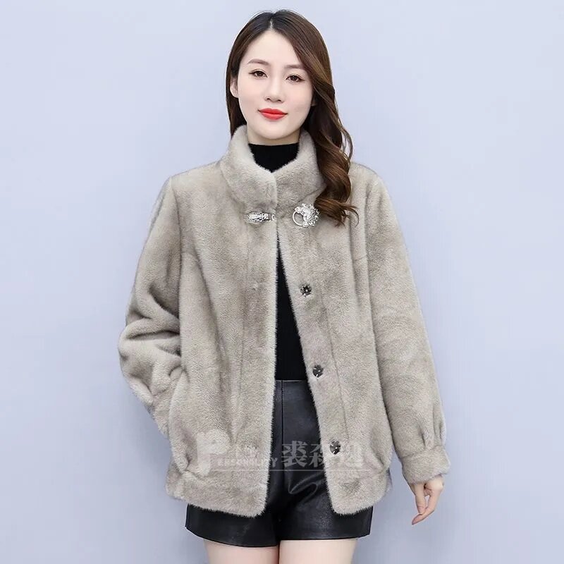 2024 baru Mink beludru Fashion Haining bulu temperamen mantel bulu berdiri kerah longgar pendek kasual musim gugur dan musim dingin mantel pendek.