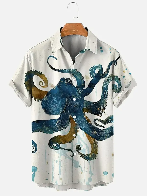 남성 여성 일본 스타일 프린트 셔츠 패턴 디자인 반팔 셔츠, 해변 캐주얼 단추 셔츠 상의, 패션