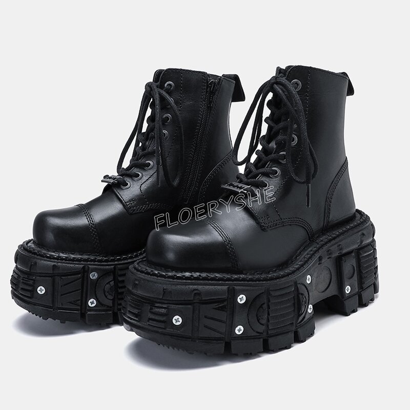 Black Platform Lace-up Punk Ankle Boots Matte Leather New Arrival Round Toe Party Cool Rock Motorcycle Shoes Free Shipping