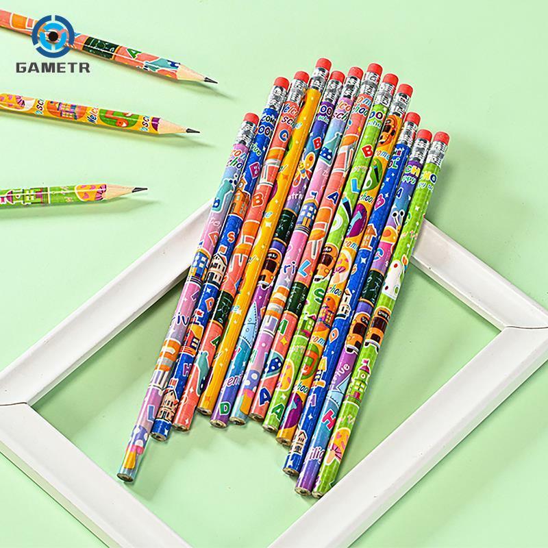 12 buah pensil HB kayu dengan penghapus pensil gambar sketsa lucu alat tulis siswa perlengkapan kantor hadiah anak-anak