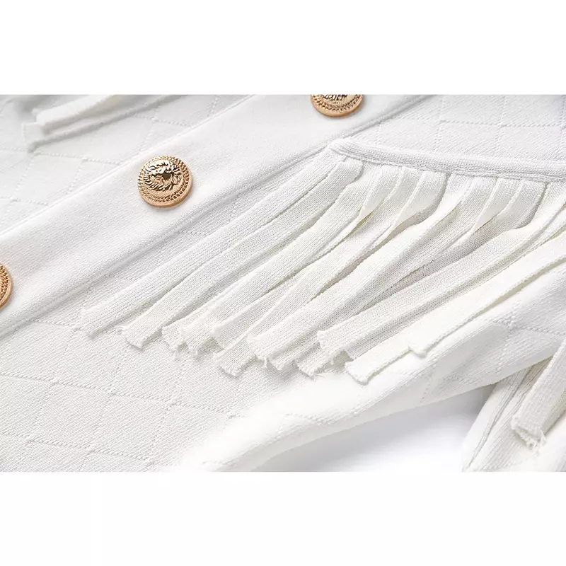 เสื้อสเวตเตอร์ถักสีขาวมีพู่ห้อยสำหรับผู้หญิงชุดงานพรอมกระดุมแถวเดียวสำหรับใส่ทำงานประจำวัน