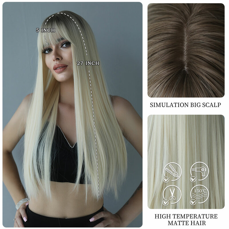 7JHH-Peluca de pelo rubio platino para mujer, pelo largo y liso ondulado con flequillo, de fibra sintética resistente al calor, para fiesta diaria