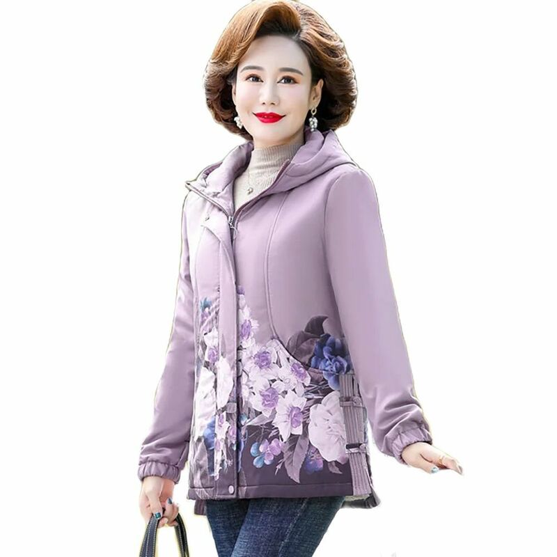 Middle-aged Mother Cotton-padded Clothes Ladies Fleece New Western Fashion Middle-aged And Elderly Printed Warm Winter Coat 5XL.