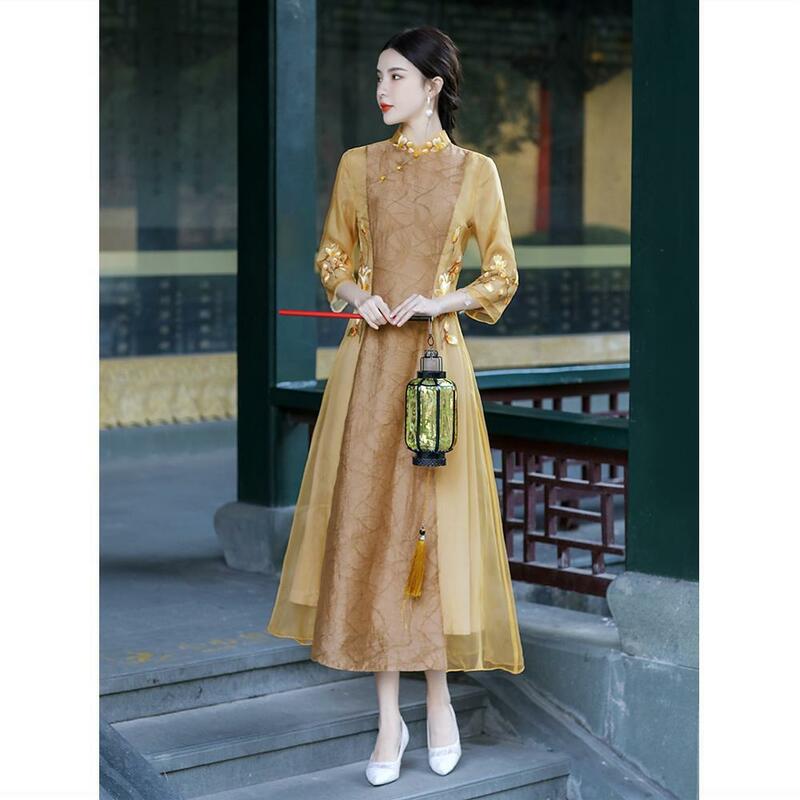 Chinese Style Improved Cheongsam  Young Lady Temperament Chinoiserie Embroidery Dress Women Chiffon Daily Women Qipao Dress