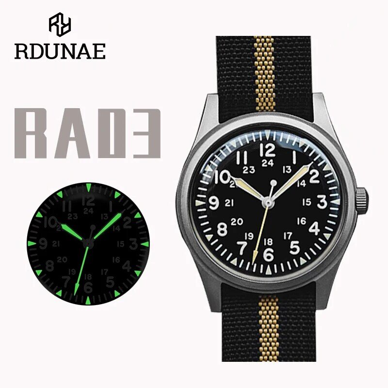 RDUNAE 34.5mm Retro Military Watch 316L Stainless Steel K1 Mineral Glass Luminous Personality Sports Quartz Men's Pilot Watch