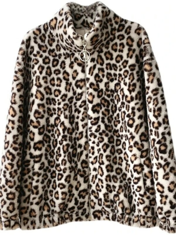 Jaqueta feminina com estampa de leopardo, casaco de pele real, lã natural tecer, outerwear solto, streetwear quente, inverno
