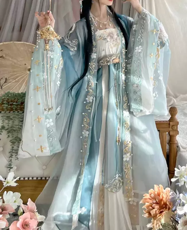 ชุดเดรส Hanfu ผู้หญิงชุดชุดคอสเพลย์ผู้หญิงนางฟ้าสไตล์จีนโบราณชุดสตรีสีฟ้าปักลายสไตล์ฮั่นฝู