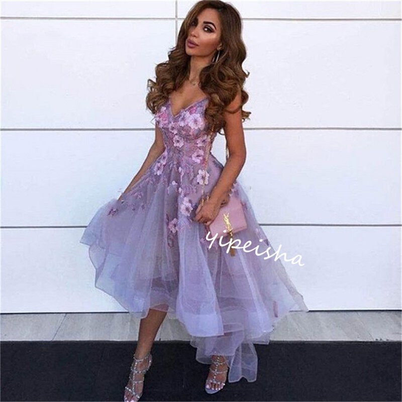 Ball Dress Evening Tulle Applique Draped Homecoming A-line V-neck Bespoke Occasion Gown Knee Length Dresses Saudi Arabia