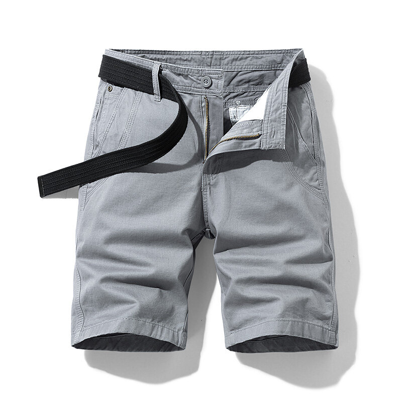 Traveling Comfy Breathable 100% Cotton Male Knee Length Shorts Straight Solid Casual Mid-Waist With Belt Safari Shorts For Man