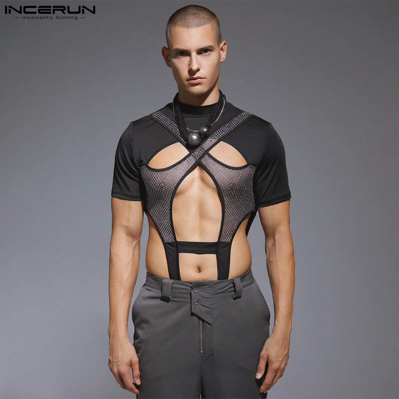INCERUN 2023 Sexy New Men's Bodysuits Hollowed Deconstructed Mesh Jumpsuits Spliced Triangle Short Sleeve Homewear Rompers S-3XL